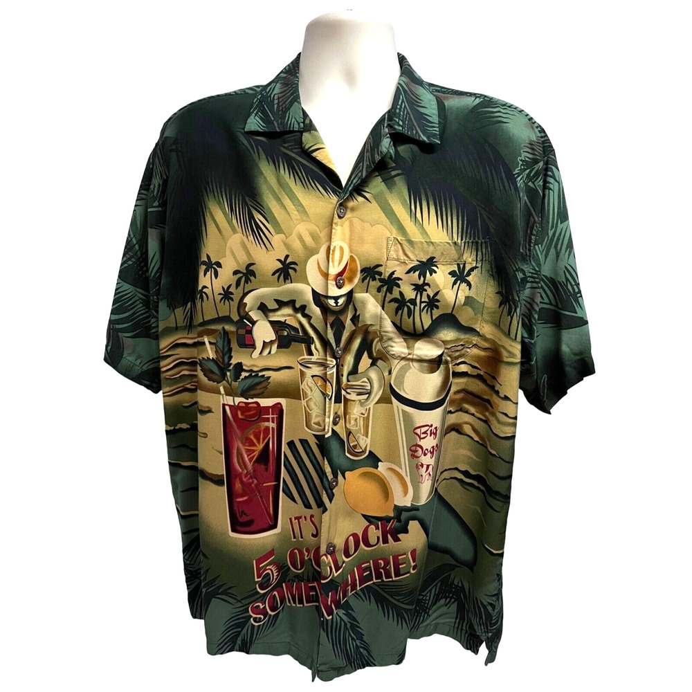 Big Dogs Green Floral Hawaiian Vintage Button Up Camp Shirt 3X Pocket Cocktails